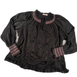 Johnny Was L Silk Zig Zag Embroidered Blouse Black Tassels Boho Peasant Top Luxe
